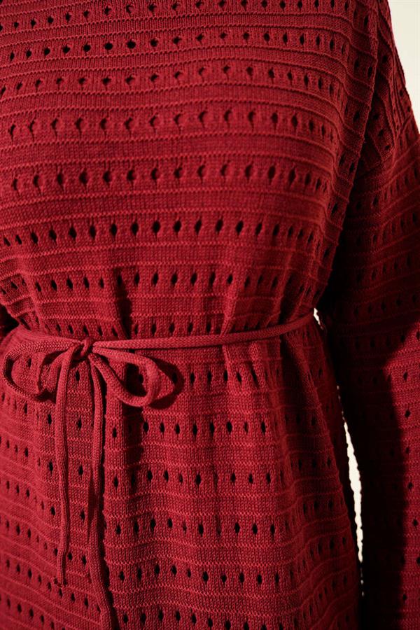 Horizontal Openwork Knit Dress with Belt, Burgundy