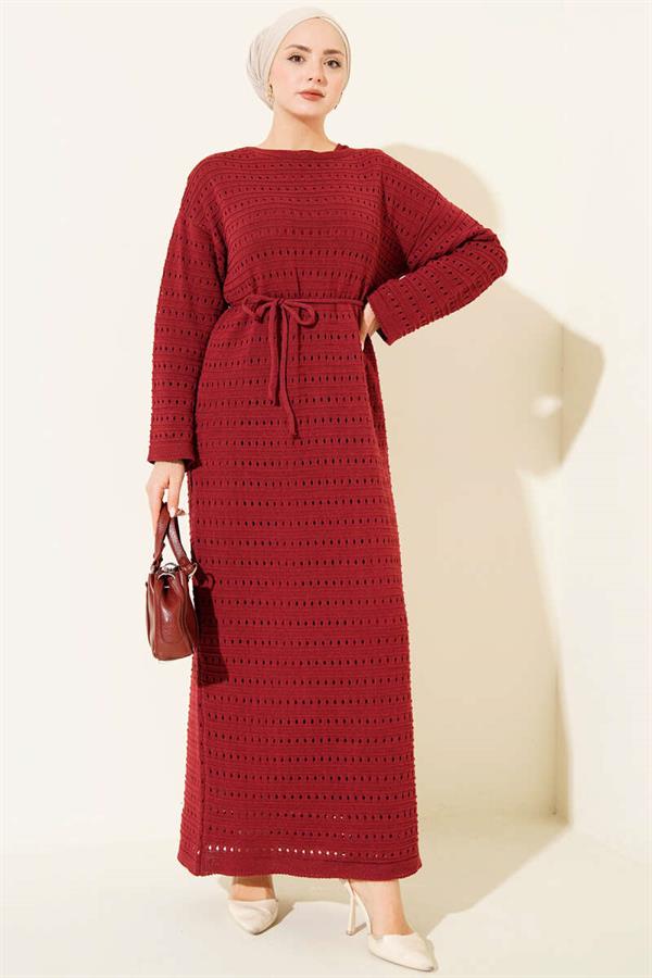 Horizontal Openwork Knit Dress with Belt, Burgundy