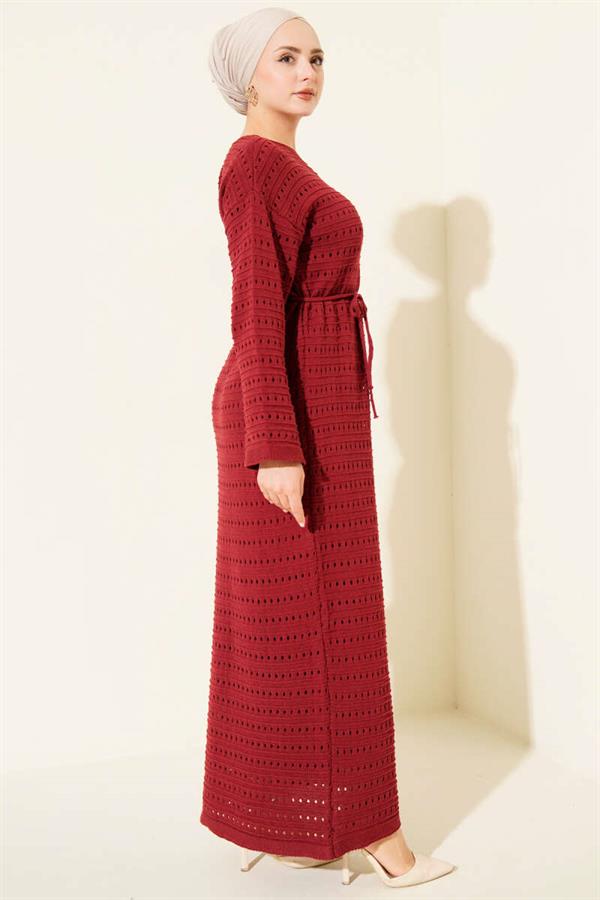 Horizontal Openwork Knit Dress with Belt, Burgundy