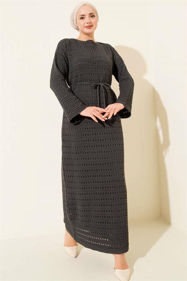 Horizontal Openwork Knit Dress with Belt, Smoke Grey