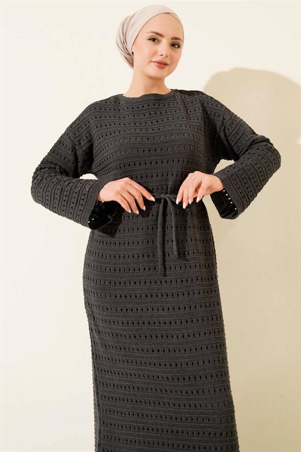 Horizontal Openwork Knit Dress with Belt, Smoke Grey
