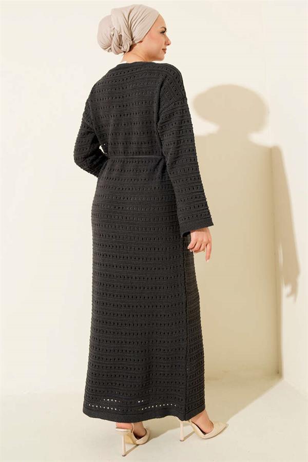 Horizontal Openwork Knit Dress with Belt, Smoke Grey