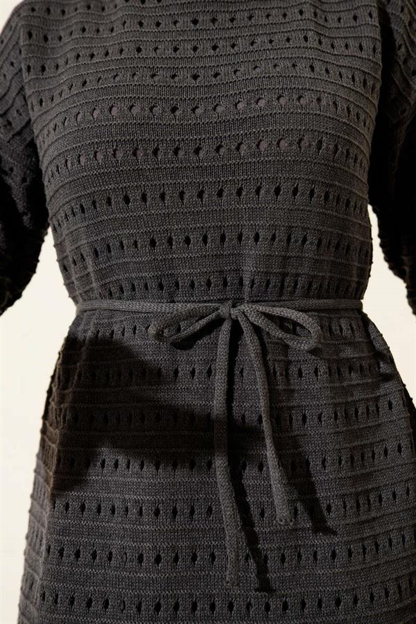 Horizontal Openwork Knit Dress with Belt, Smoke Grey