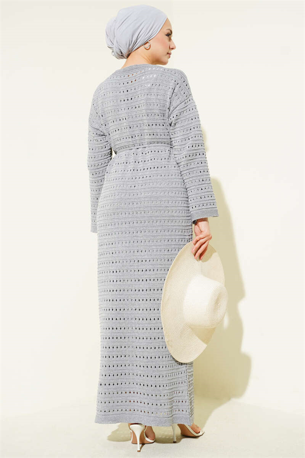 Horizontal Openwork Knit Dress with Belt, Grey