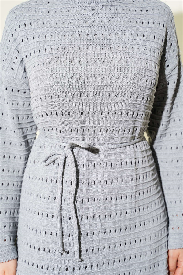 Horizontal Openwork Knit Dress with Belt, Grey