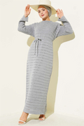 Horizontal Openwork Knit Dress with Belt, Grey