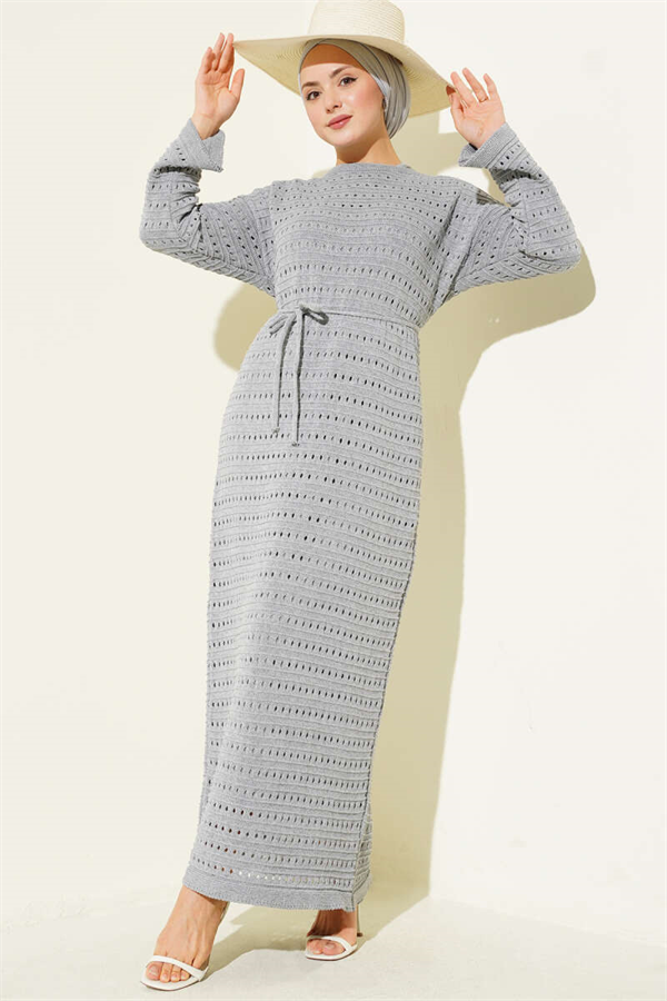Horizontal Openwork Knit Dress with Belt, Grey