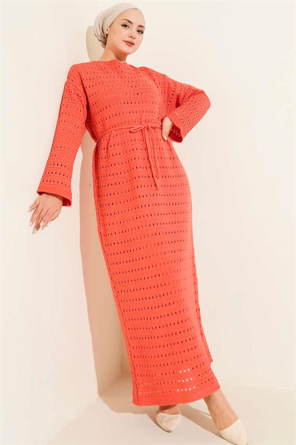Horizontal Openwork Knit Dress with Belt, Rose Pink