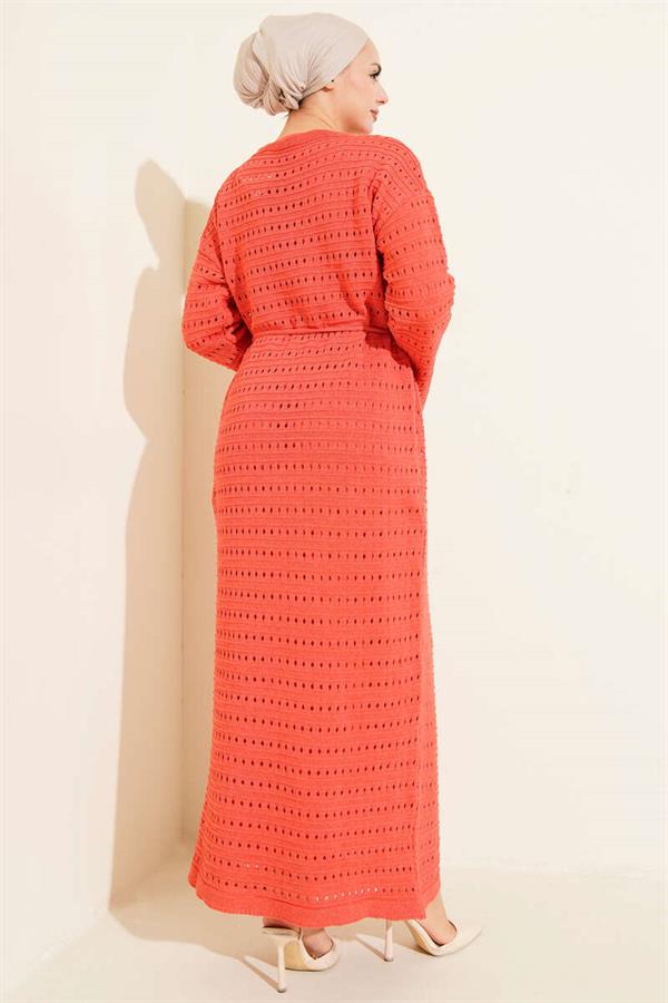 Horizontal Openwork Knit Dress with Belt, Rose Pink