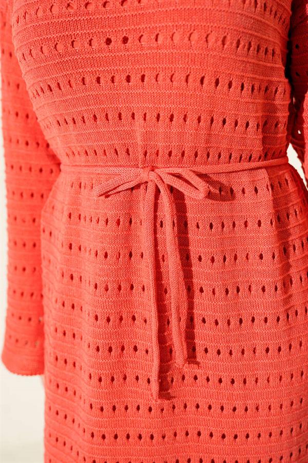 Horizontal Openwork Knit Dress with Belt, Rose Pink