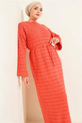Horizontal Openwork Knit Dress with Belt, Rose Pink