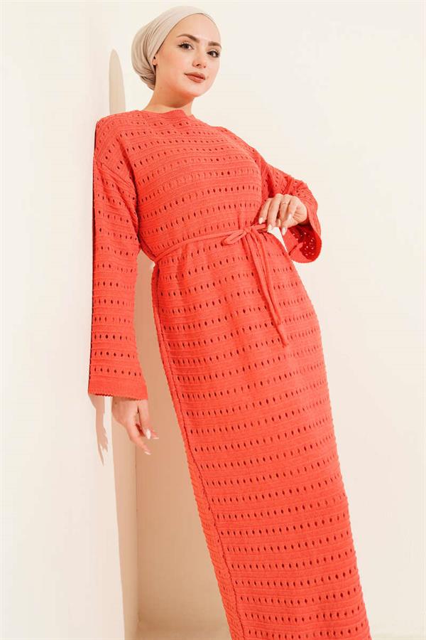 Horizontal Openwork Knit Dress with Belt, Rose Pink
