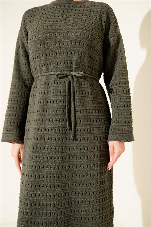 Horizontal Openwork Knit Dress with Belt, Khaki