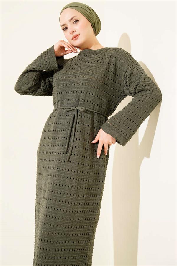 Horizontal Openwork Knit Dress with Belt, Khaki