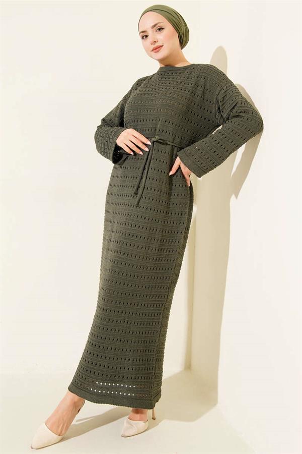 Horizontal Openwork Knit Dress with Belt, Khaki