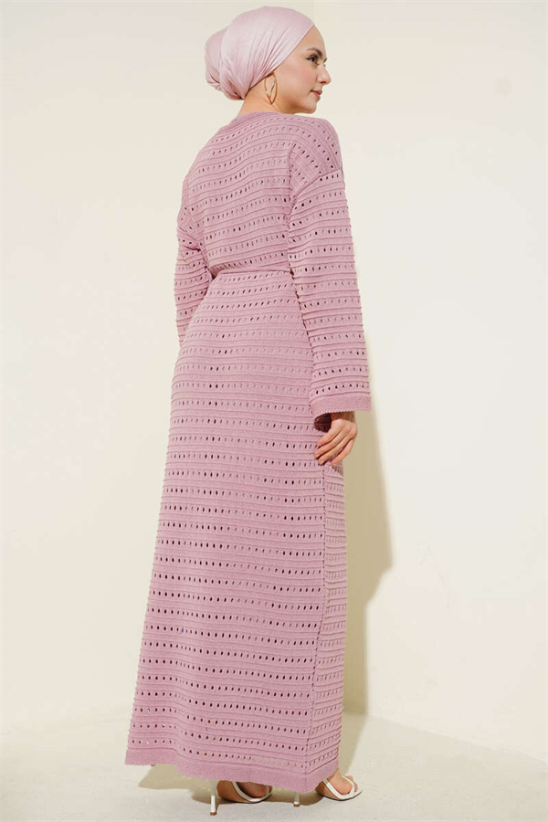 Horizontal Openwork Knit Dress with Belt in Powder Pink