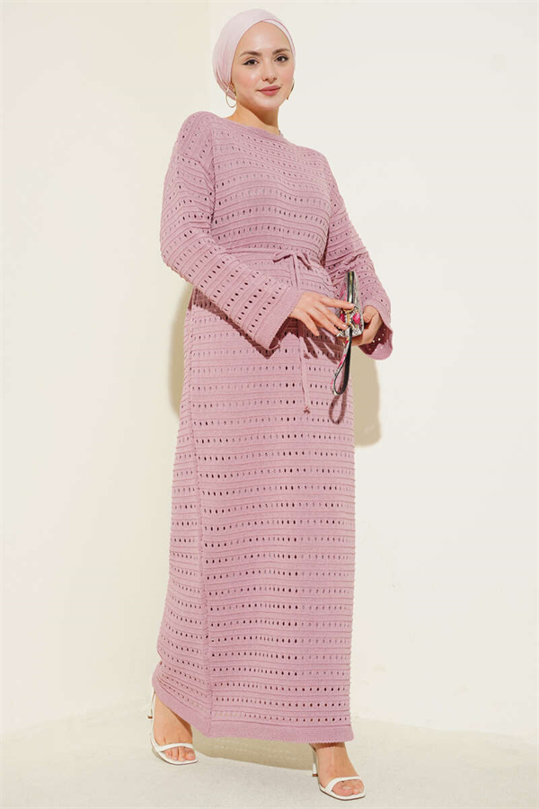 Horizontal Openwork Knit Dress with Belt in Powder Pink