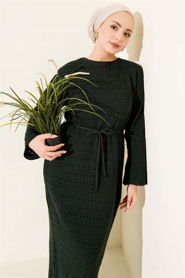 Horizontal Openwork Knit Dress with Belt, Emerald Green