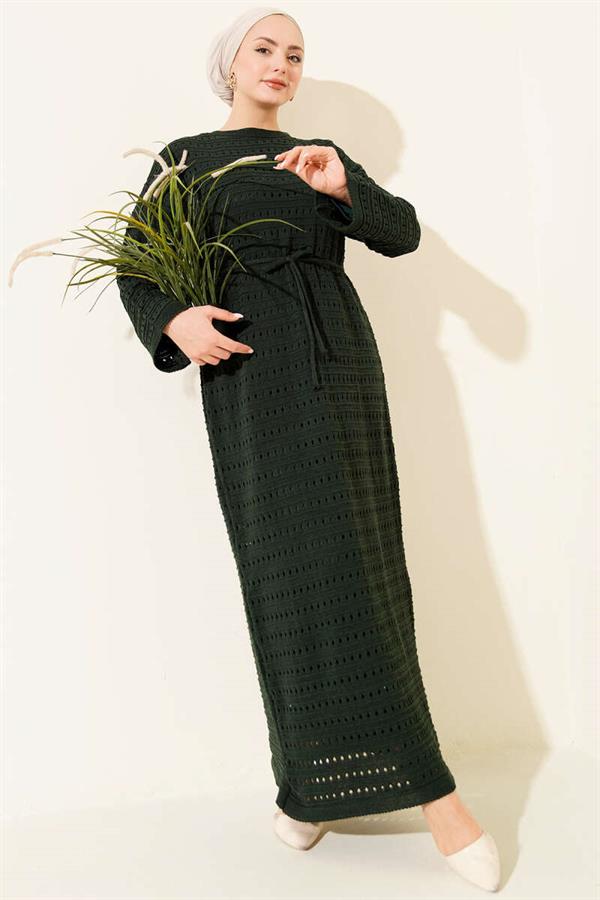 Horizontal Openwork Knit Dress with Belt, Emerald Green