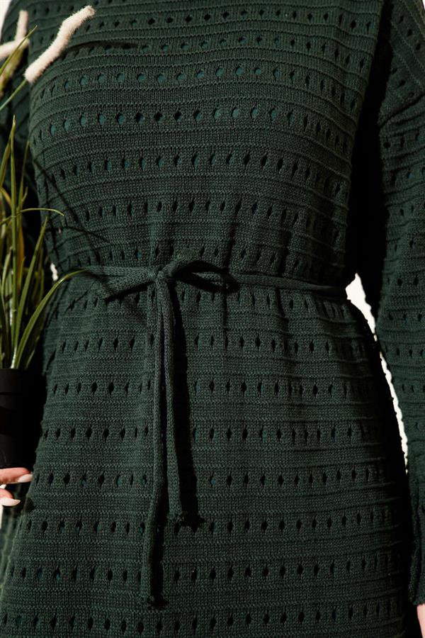 Horizontal Openwork Knit Dress with Belt, Emerald Green