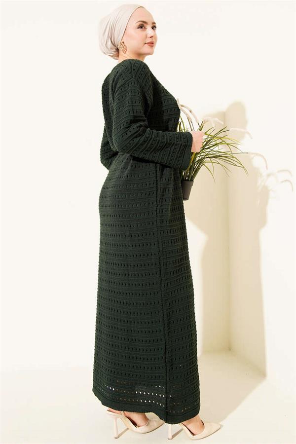 Horizontal Openwork Knit Dress with Belt, Emerald Green