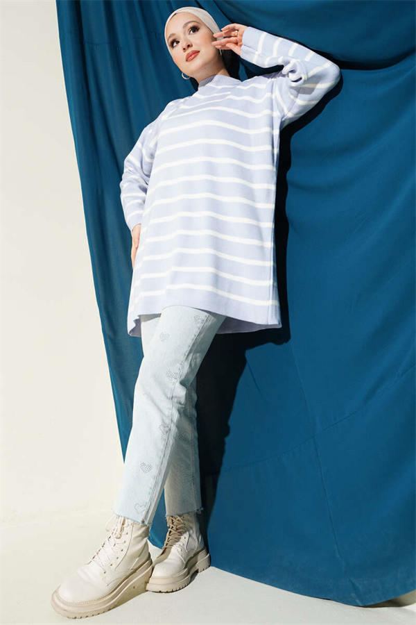 Horizontal Stripe Detail Basic Knit Tunic Lilac