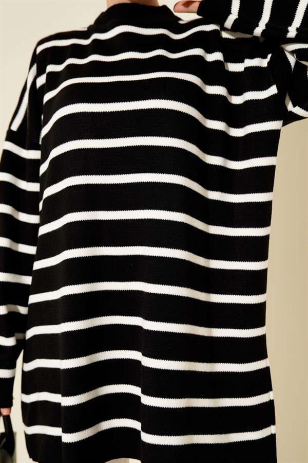 Horizontal Stripe Detailed Basic Knit Tunic Black