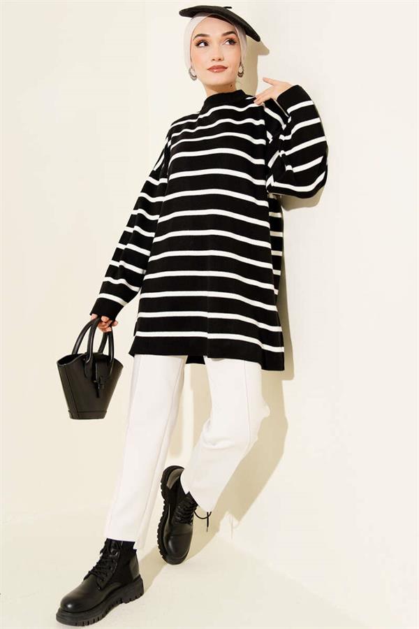 Horizontal Stripe Detailed Basic Knit Tunic Black