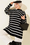 Horizontal Stripe Detailed Basic Knit Tunic Black