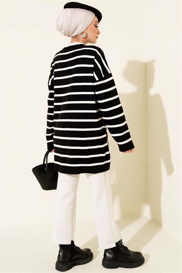 Horizontal Stripe Detailed Basic Knit Tunic Black