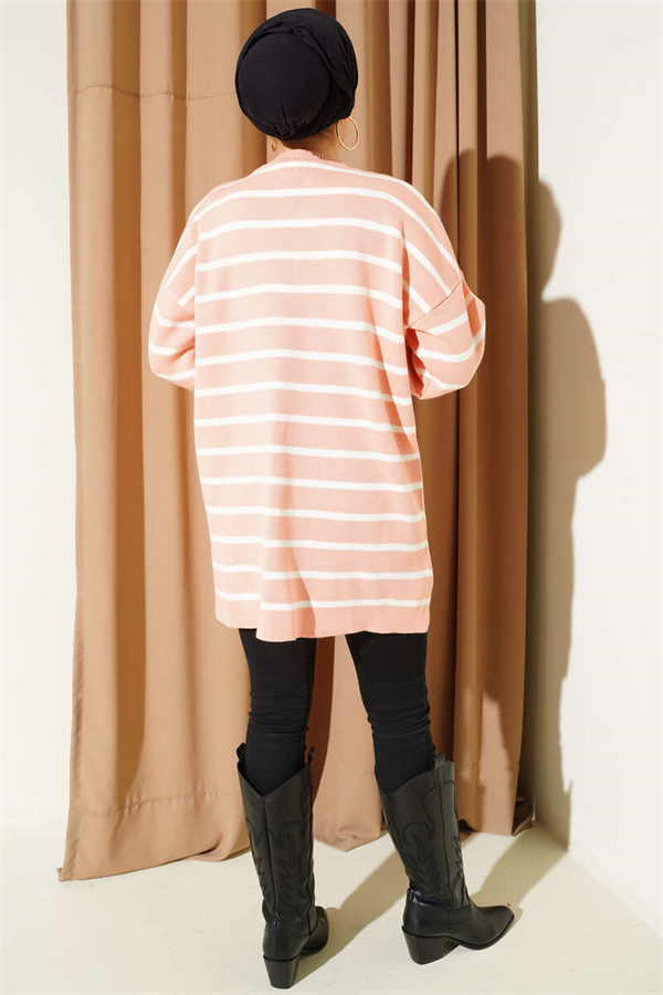 Basic Knit Tunic with Horizontal Stripe Detail, Salmon