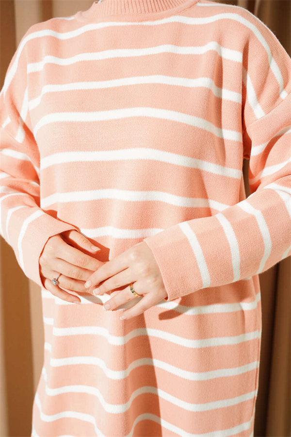 Basic Knit Tunic with Horizontal Stripe Detail, Salmon