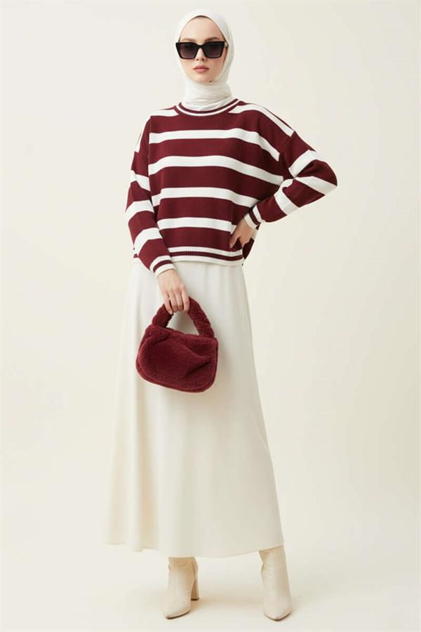 Short Knit Sweater with Horizontal Stripe Detail, Burgundy