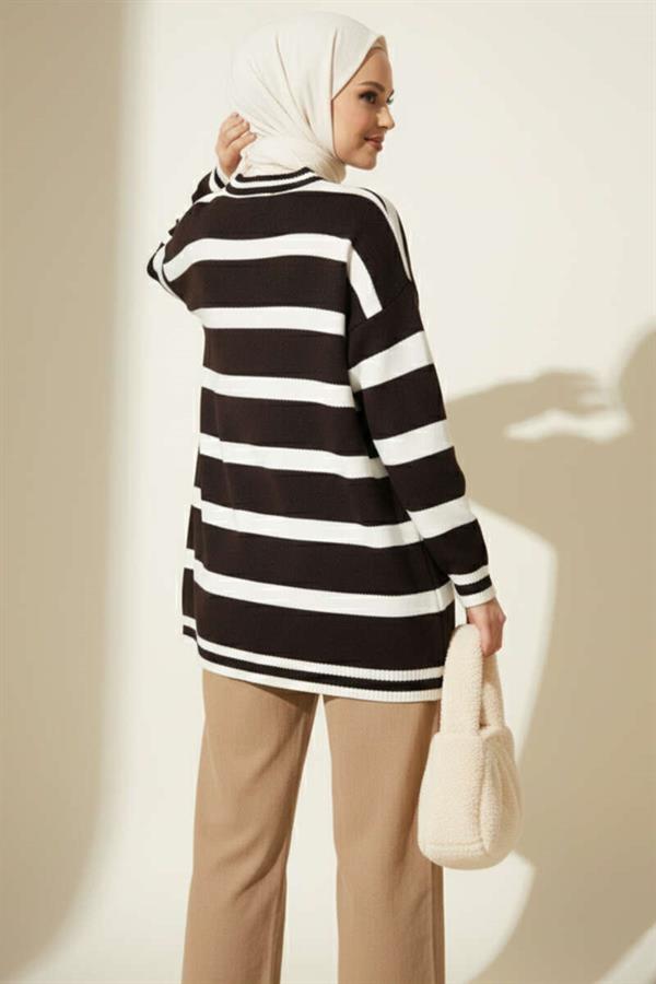 Horizontal Stripe Detailed Knit Tunic Brown