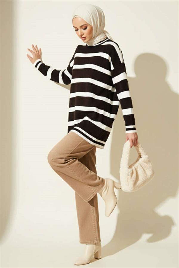 Horizontal Stripe Detailed Knit Tunic Brown