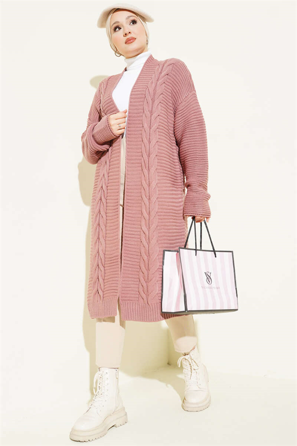Horizontal Stripe Embossed Knit Cardigan, Rose Pink