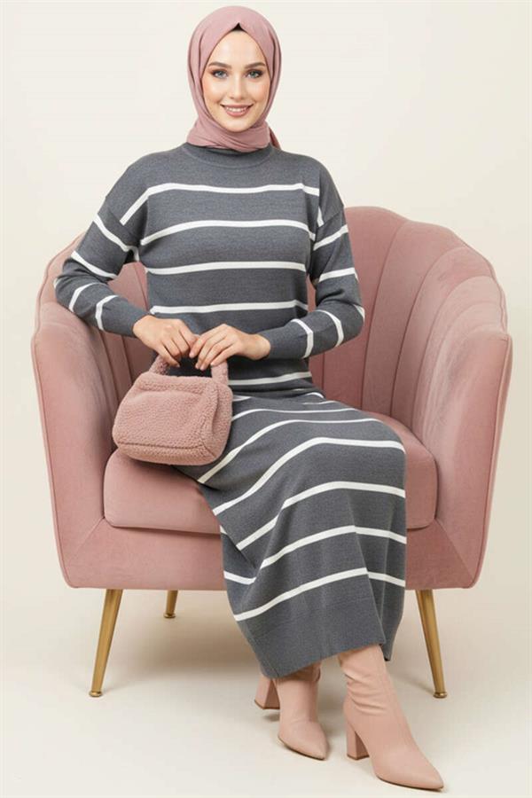 Horizontal Striped Turtleneck Knit Dress in Smoke