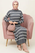 Horizontal Striped Turtleneck Knit Dress in Smoke