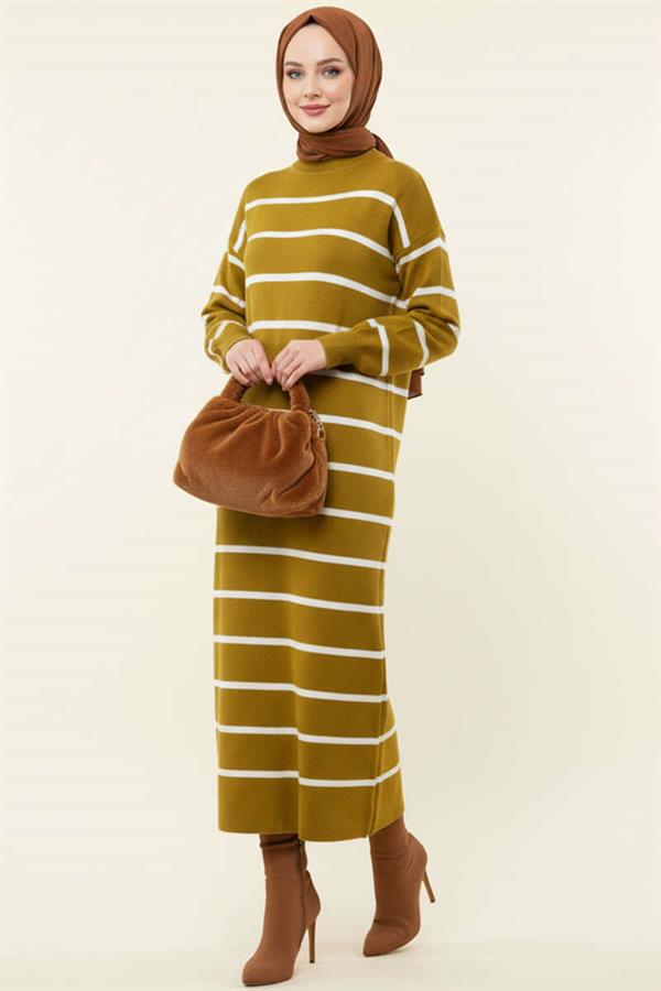 Horizontal Striped Turtleneck Knit Dress Oil Green
