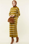 Horizontal Striped Turtleneck Knit Dress Oil Green