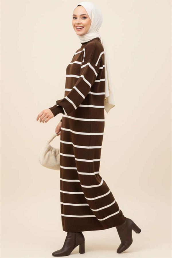 Horizontal Striped Turtleneck Knit Dress Brown