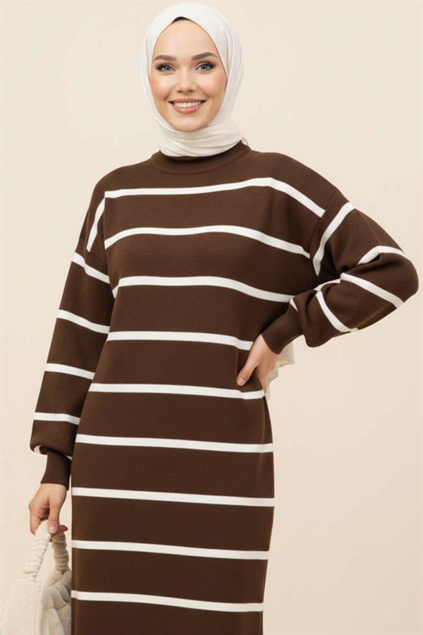 Horizontal Striped Turtleneck Knit Dress Brown