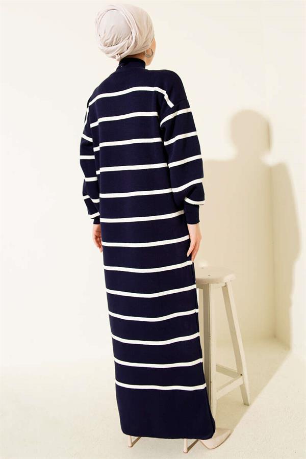 Horizontal Striped Turtleneck Knit Dress Navy Blue