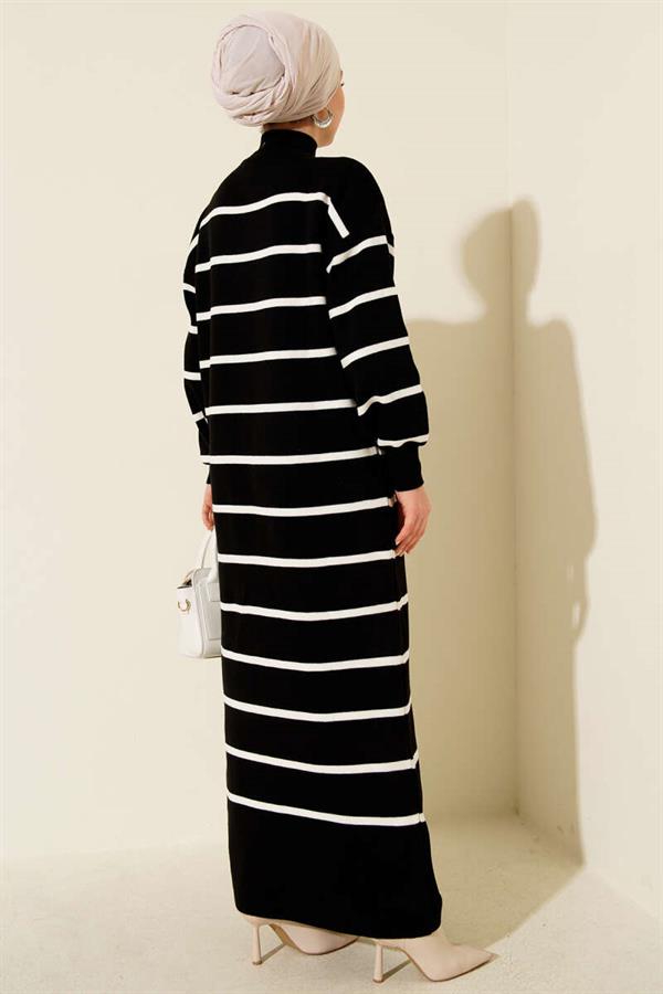 Horizontal Striped Turtleneck Knit Dress Black