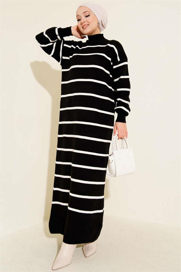 Horizontal Striped Turtleneck Knit Dress Black