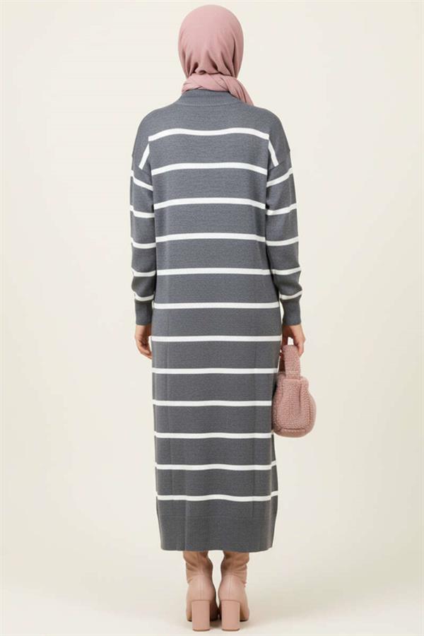 Horizontal Striped Turtleneck Knit Dress in Smoke