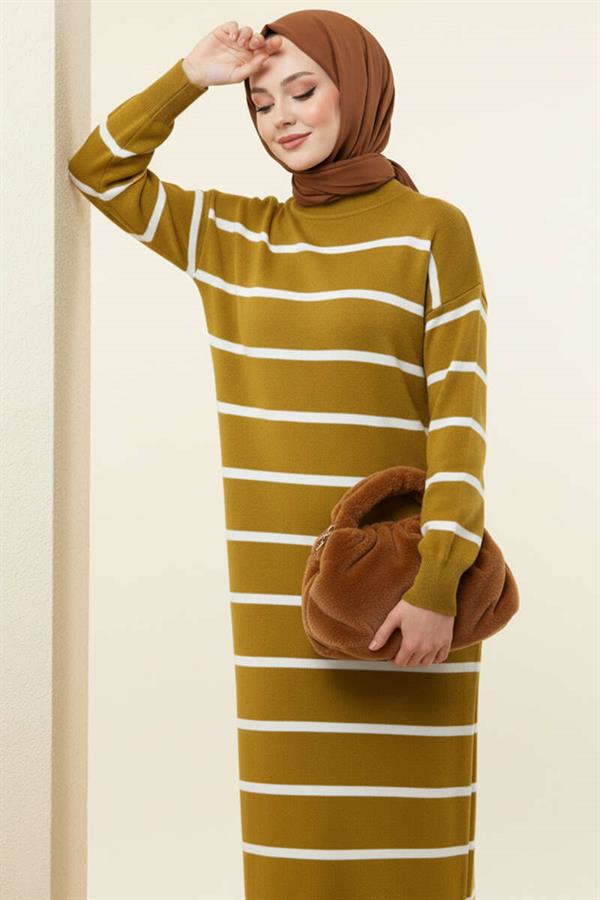 Horizontal Striped Turtleneck Knit Dress Oil Green