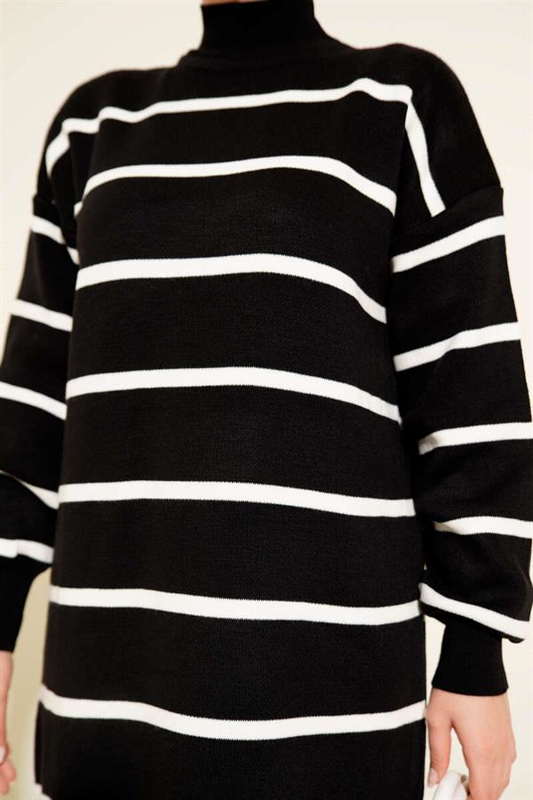 Horizontal Striped Turtleneck Knit Dress Black