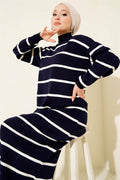 Horizontal Striped Turtleneck Knit Dress Navy Blue
