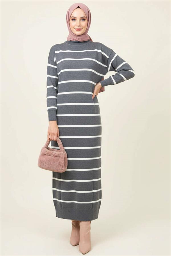 Horizontal Striped Turtleneck Knit Dress in Smoke